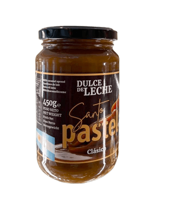 Dulce de leche Santo Pastel, en su versión clásica y presentación en caja de 12 frascos de 450 gramos cada uno. Exclusivo de Santo Pastel.